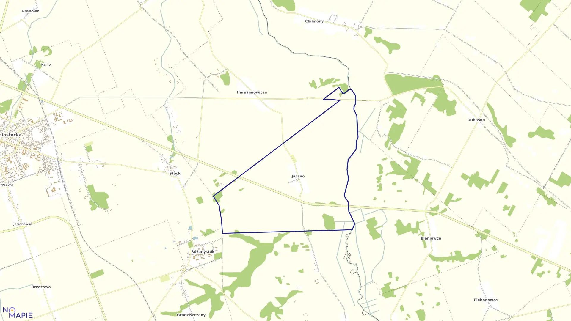 Mapa obrębu JACZNO w gminie Dąbrowa Białostocka